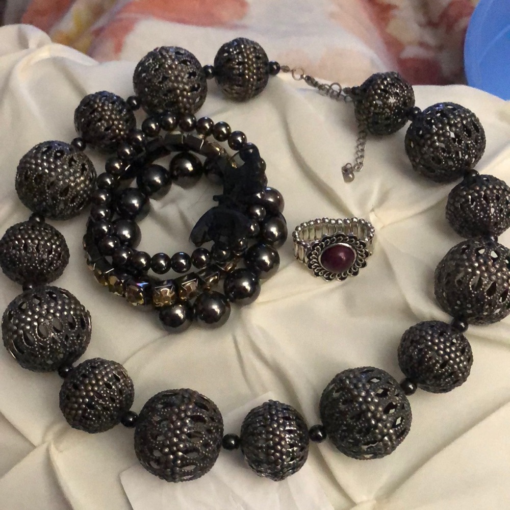 Necklace, 3 strand bracelet, stretch ring